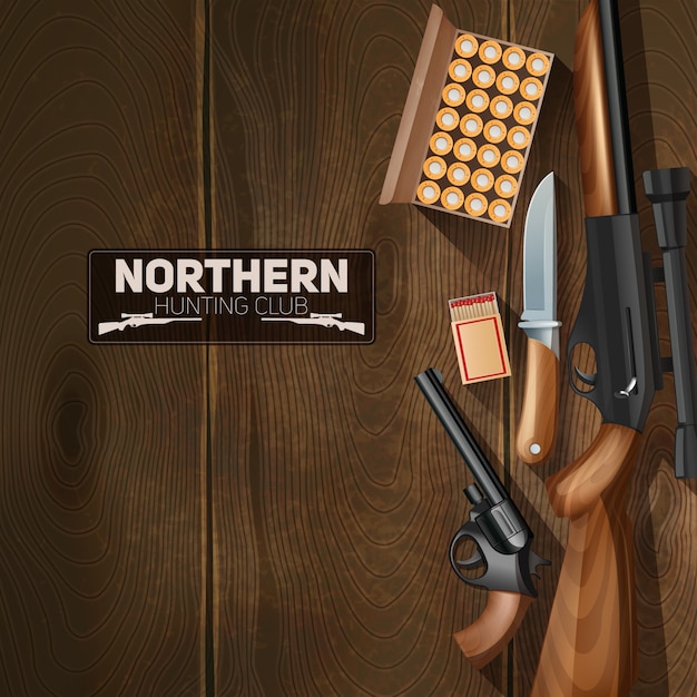 Бесплатное векторное изображение Охотничье оружие и пули, установленные на фоне деревянной текстуры