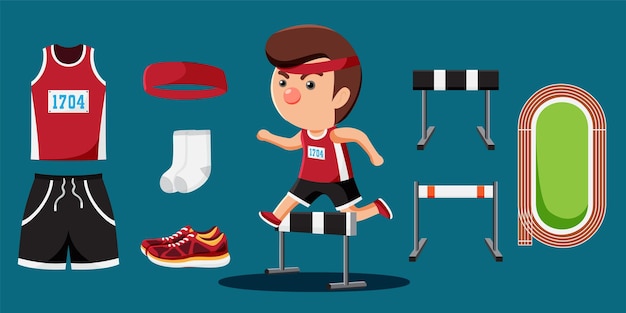 Free vector hurdle racing athletics player cartoon and equipment set such as hardle track shoes apparel uniform