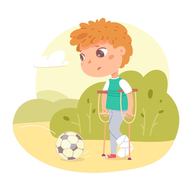 Hurt boy with broken leg in gypsum outdoor unwell walking in park unable to play football with ball illustration