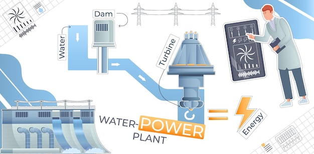 無料ベクター フラット スタイルのベクトル図に水力発電所の水力発電所構造のコラージュ