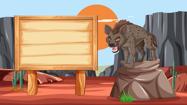 Free vector hyena on rock beside wooden sign