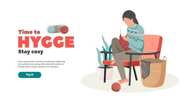 Hygge lifestyle flat illustration of knitting woman and editable text with try it button