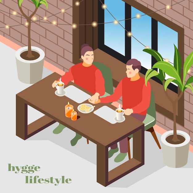 Hygge lifestyle isometric illustration with danish cozy apartment interior lights plants enjoying coffee couple