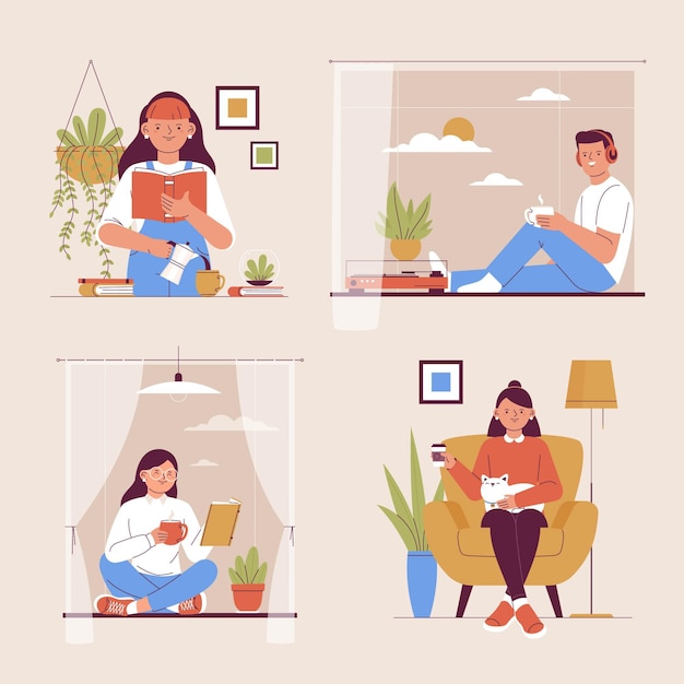 Free vector hygge lifestyle scenes flat-hand drawn