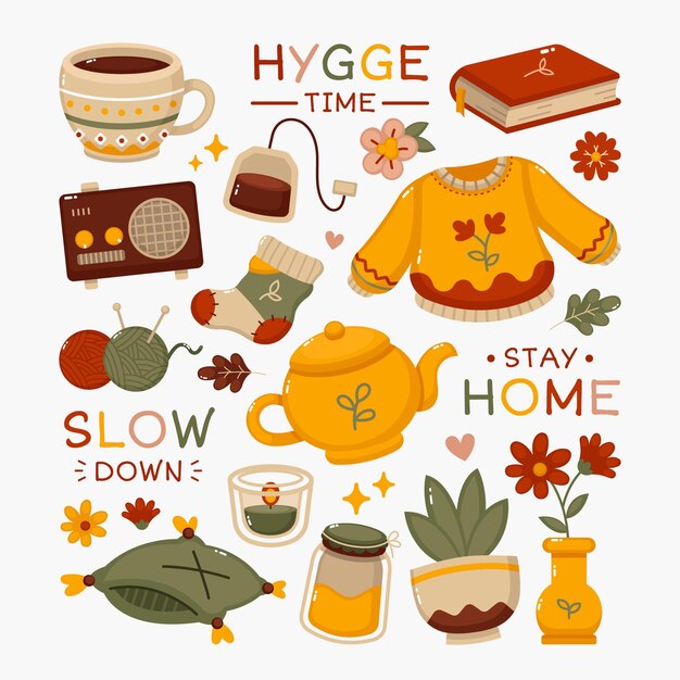 Hygge stickers in flat design