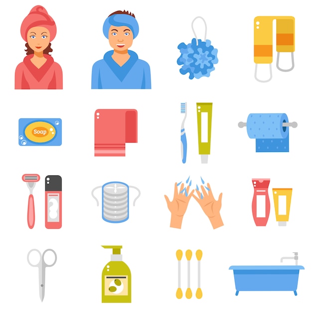 Hygiene accessories flat icons set