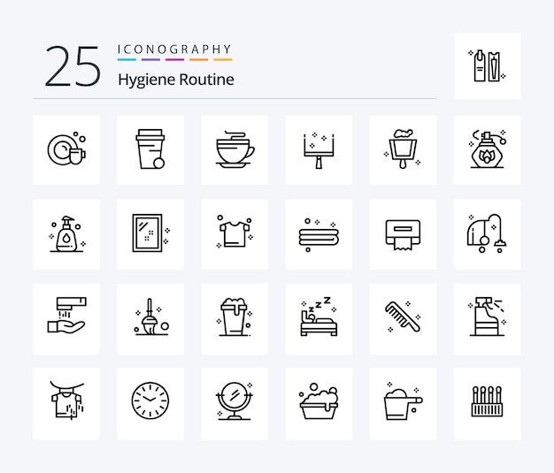 Hygiene Routine 25 Line icon pack including mirror clean cup spray sweep