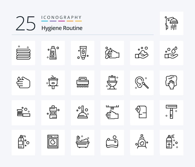 Hygiene Routine 25 Line icon pack including shower bathroom face basin soap