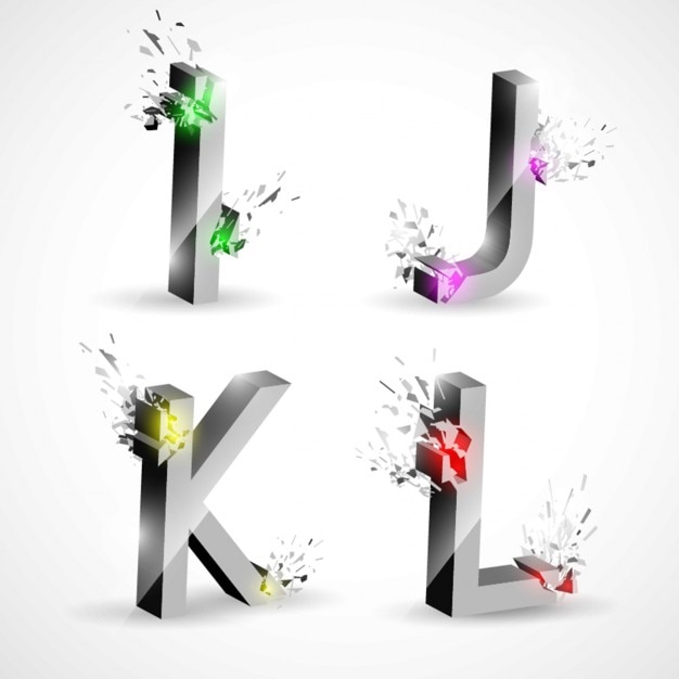 Free vector i j k l, metal letters with explosions