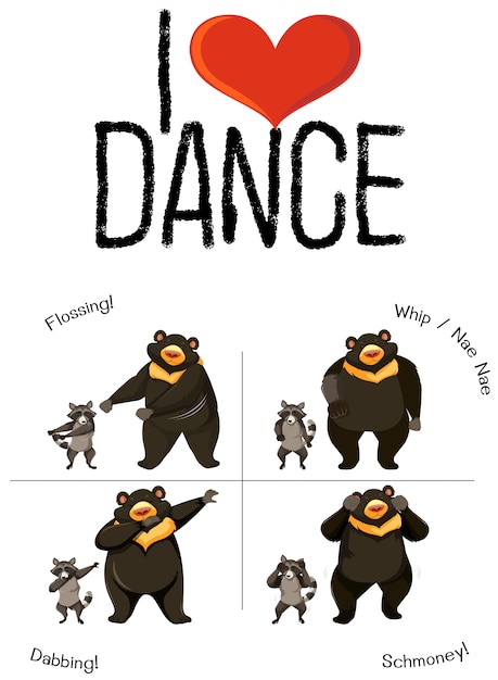Free vector i love dance bear and racoon