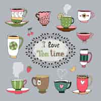 Free vector i love tea time central cartouche with a foliate frame surrounded by a variety of cups of tea