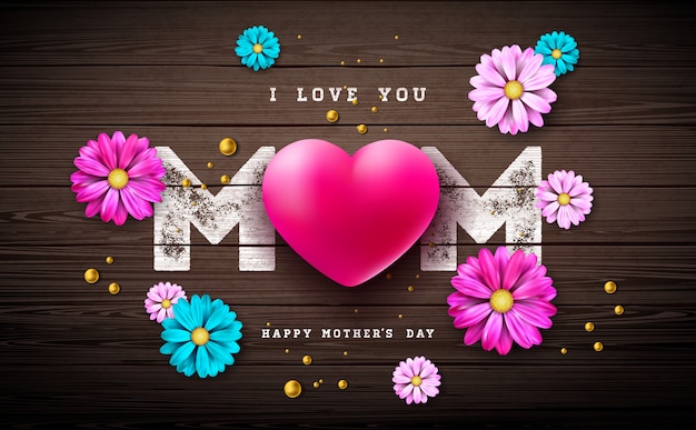 無料ベクター ママ、愛してるよ。心とパールヴィンテージウッドの背景に幸せな母の日グリーティングカードデザイン。