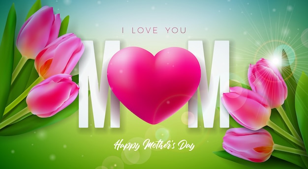 Я люблю тебя, мама. счастливый дизайн поздравительной открытки дня матери с цветком тюльпана и красным сердцем на предпосылке весны. празднование иллюстрация шаблон для баннера, флаера, приглашения, брошюры, плаката.