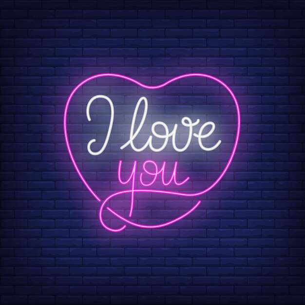 I love you neon lettering in heart frame. Romance, Saint Valentines Day.