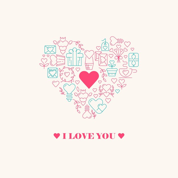 I love you poster with three words, big heart in centre with little heart inside and many beautiful images vector illustration