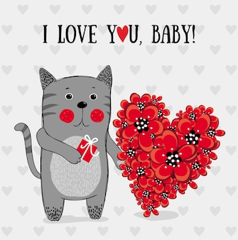 사랑해요, 발렌타인 데이, 고양이 캐릭터가 있는 인사말 카드
