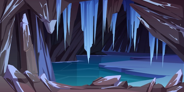 Free vector ice cave in mountain, grotto with frozen lake