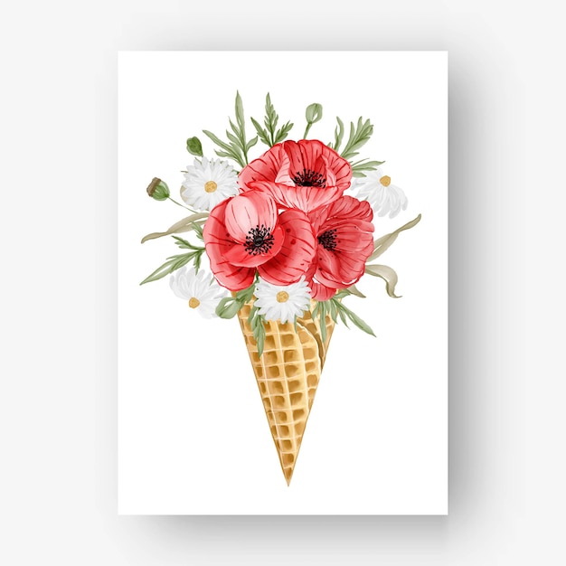 Free vector ice cone with watercolor flower red poppy