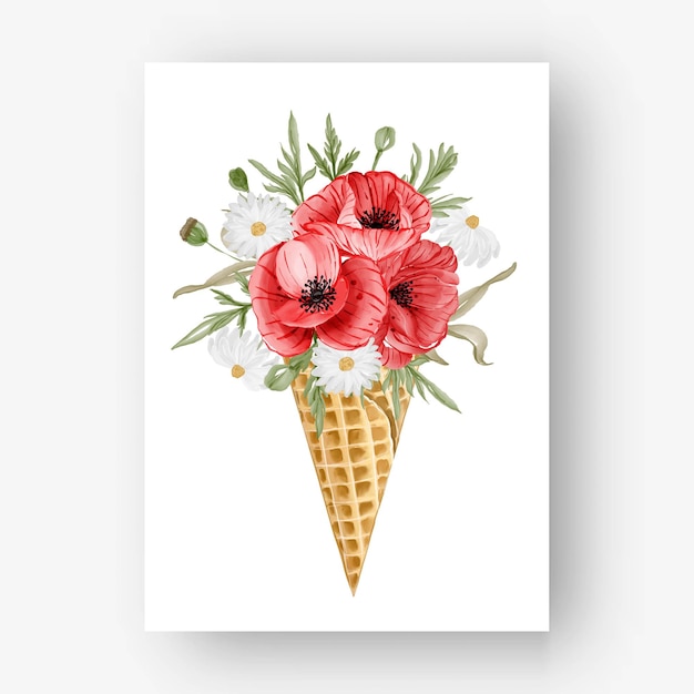 Ice Cone with Watercolor flower red poppy