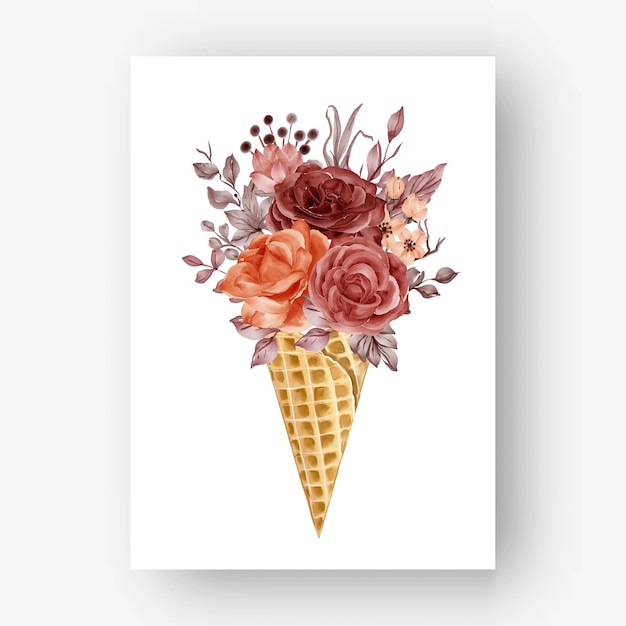 Ice cone with watercolor rose autumn fall