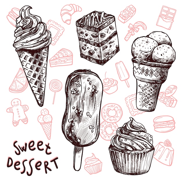 Бесплатное векторное изображение Набор эскизов мороженого и пирожных