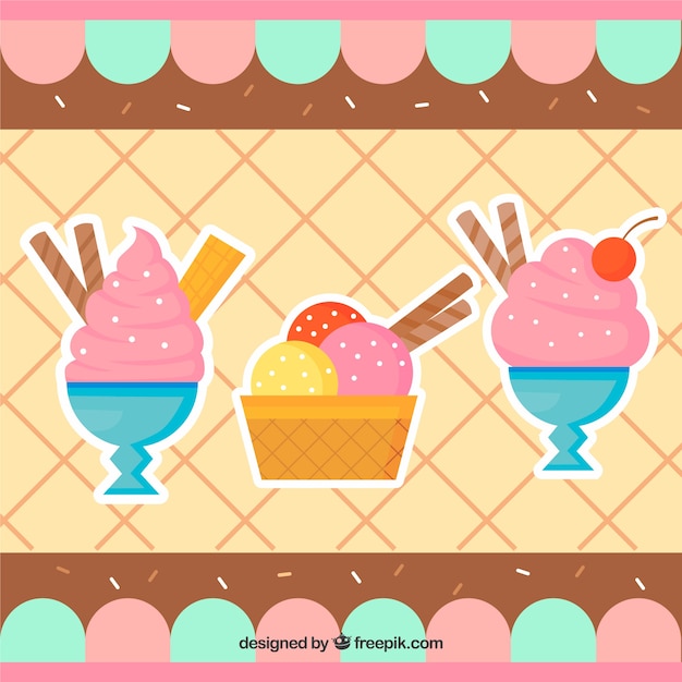 Ice cream background and desserts in flat design