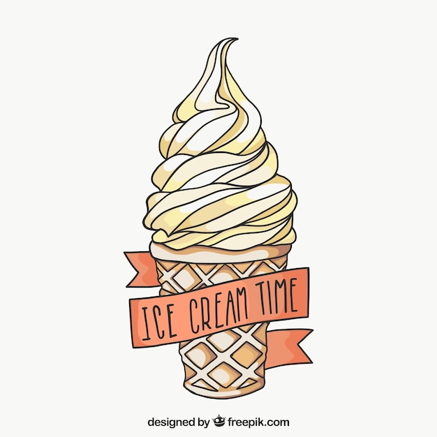 Ice cream background with wafer and hand drawn ribbon