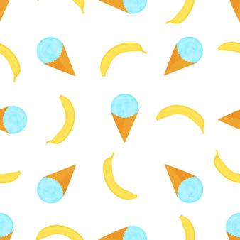 Шарик мороженого в вафельном рожке и банане. летний фон.