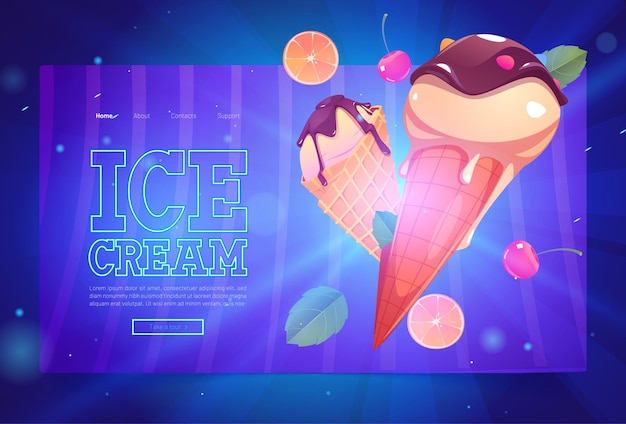 Free vector ice cream banner with sundae in waffle cones