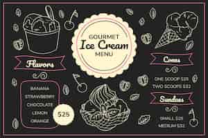 Vettore gratuito disegnato a mano del modello del menu della lavagna del gelato