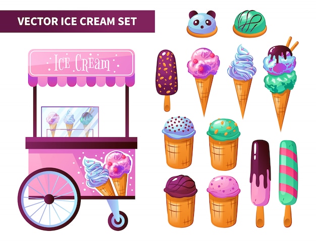 Free vector ice cream cart products set