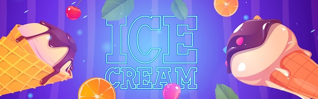 Бесплатное векторное изображение Рекламный баннер мультфильма мороженого, мороженое в вафельных рожках с шоколадной начинкой, разбросанные кусочки фруктов, ягоды, листья деревьев, неоновая светящаяся вывеска для магазина уличной еды, летняя еда, векторная иллюстрация