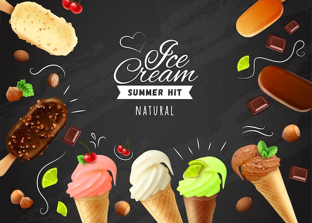 Free vector ice cream chalkboard with frame of eskimo pies with white dark and milc varieties of chocolate glaze and waffle cones realistic