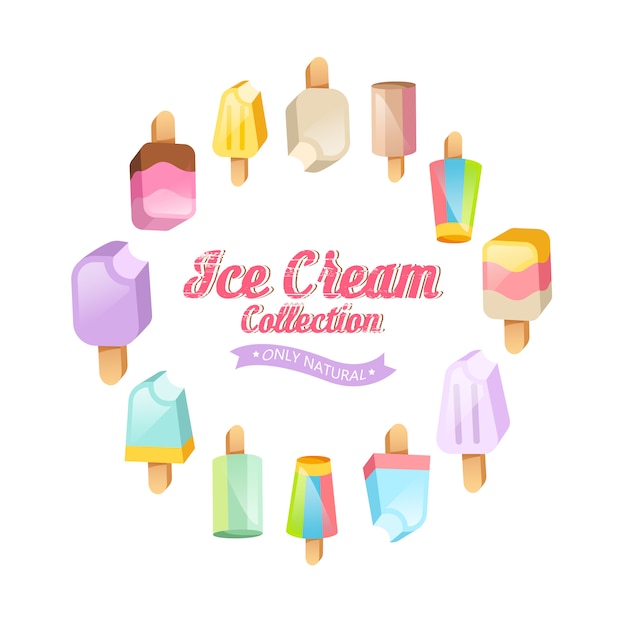 Ice cream collection background. Various ice cream on a stick located on a circle