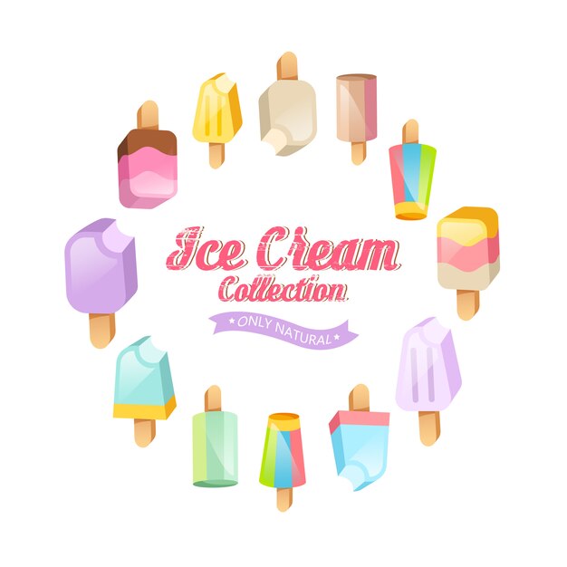 Ice cream collection background. Various ice cream on a stick located on a circle