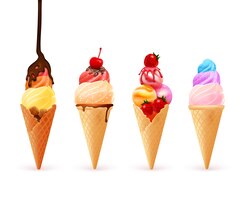 Vettore gratuito cono gelato con quattro cialde di gelato colorate realistiche di gusto diverso con condimenti a base di bacche