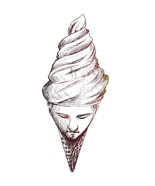 Cono gelato con faccia di uomini illustrazione vettoriale di schizzo disegnato a mano