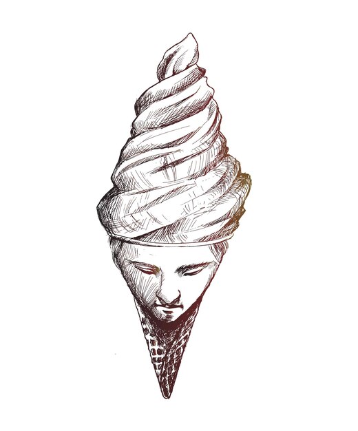 男性の顔のアイスクリームコーン手描きスケッチベクトルイラスト