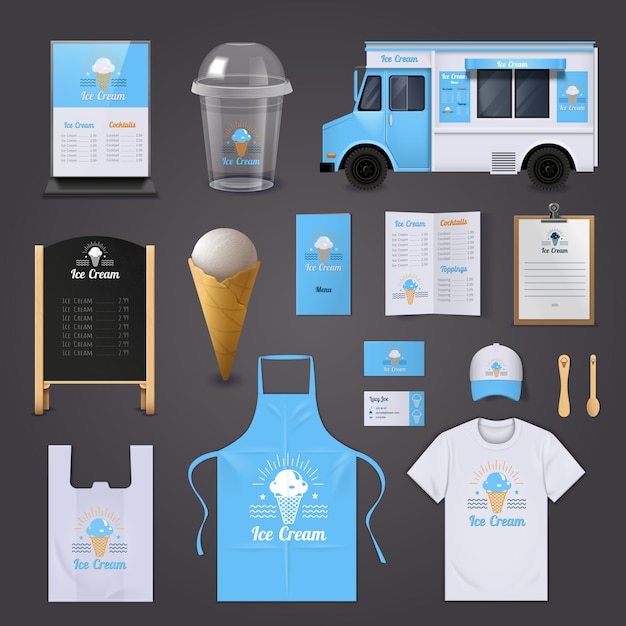 Vettore gratuito le icone realistiche di identità corporativa del gelato hanno messo con il menu del grembiule e il illustrati di vettore isolato furgone
