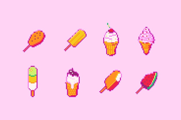 Free vector ice cream icons in pixel art