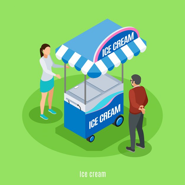 Ice cream isometric with seller and buyer standing near street cart with sweet frozen food vector illustration