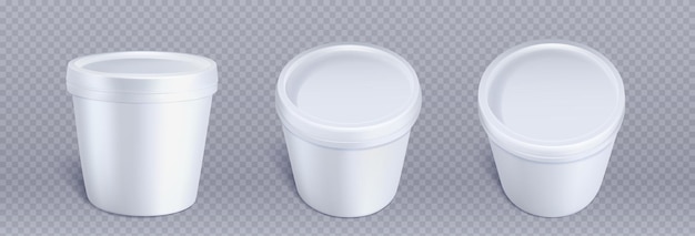 Free vector ice cream package white plastic container 3d mockup of blank bucket with lid for yogurt dairy products butter or gelato round food jar with cap in front and top view vector realistic set