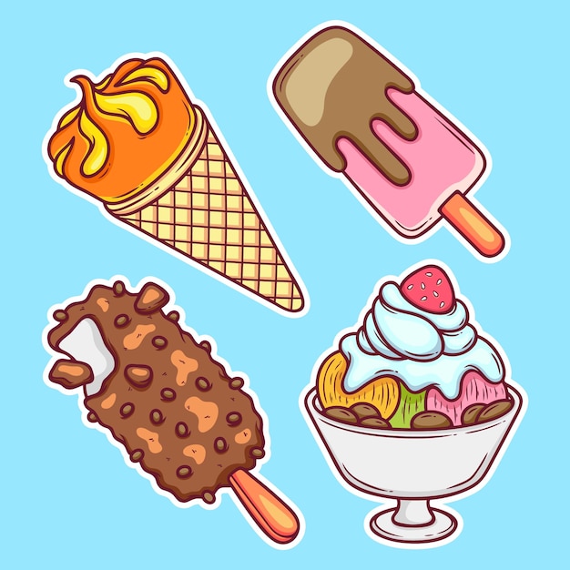 Ice Cream and Popsicle Sticker Icons Hand Drawn Coloring Vector