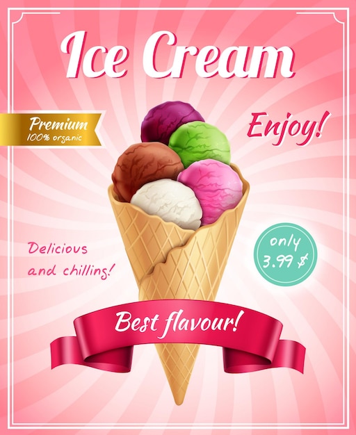 Free vector ice cream poster advertising composition with frame editable text captions and realistic image of icecream cornet