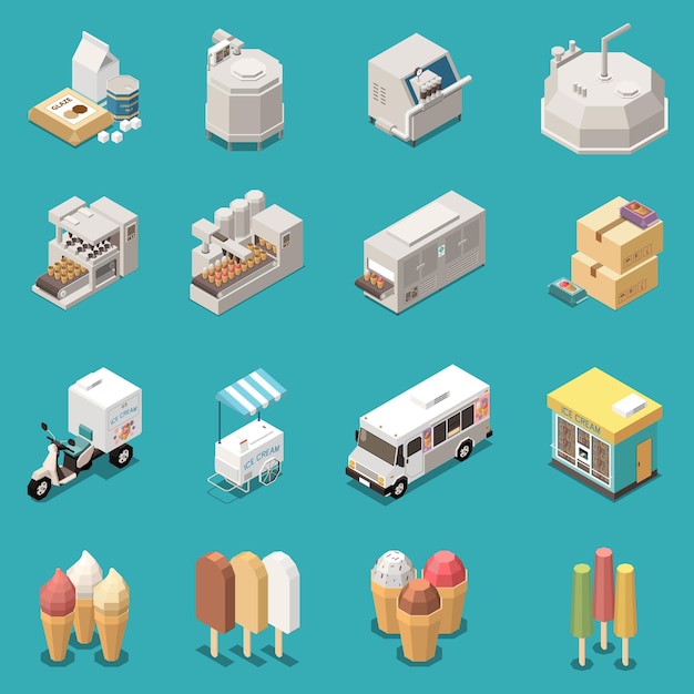 Free vector ice cream production isometric set with manufacture equipment kinds of dessert delivery transport street cart isolated icons vector illustration