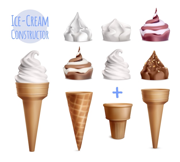 Vettore gratuito insieme realistico del costruttore del gelato di varie guarnizioni con i coni di zucchero di forma e dell'illustrazione differenti del testo