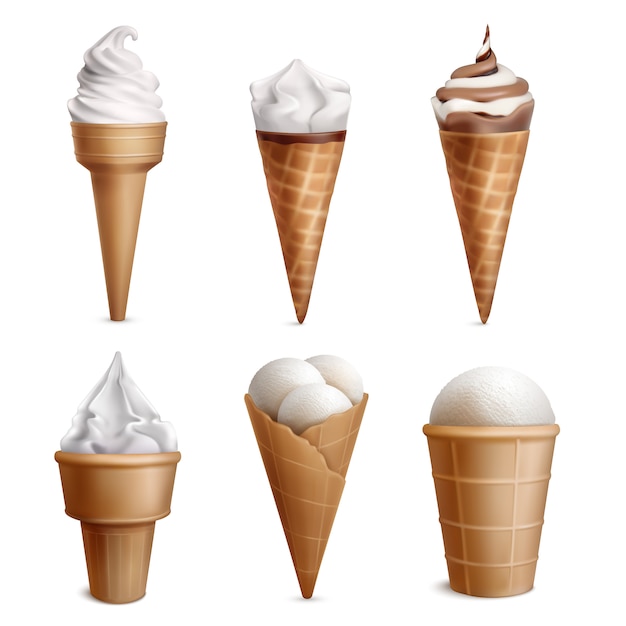 Ice cream realistic set with six isolated icecream in wafer cups of different shape with topping illustration