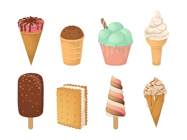 Бесплатное векторное изображение Набор мороженого изолированные конусы мороженого и фруктовое мороженое на белом фоне