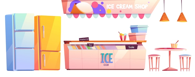 Комплект оборудования интерьера магазина мороженого или кафе