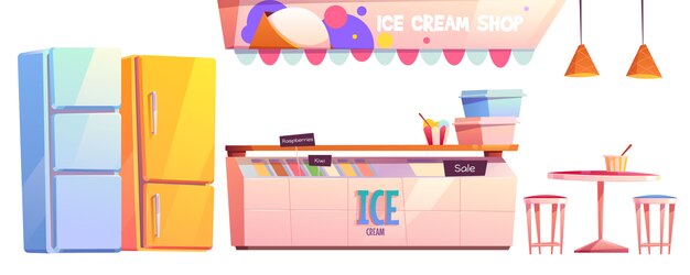 Комплект оборудования интерьера магазина мороженого или кафе